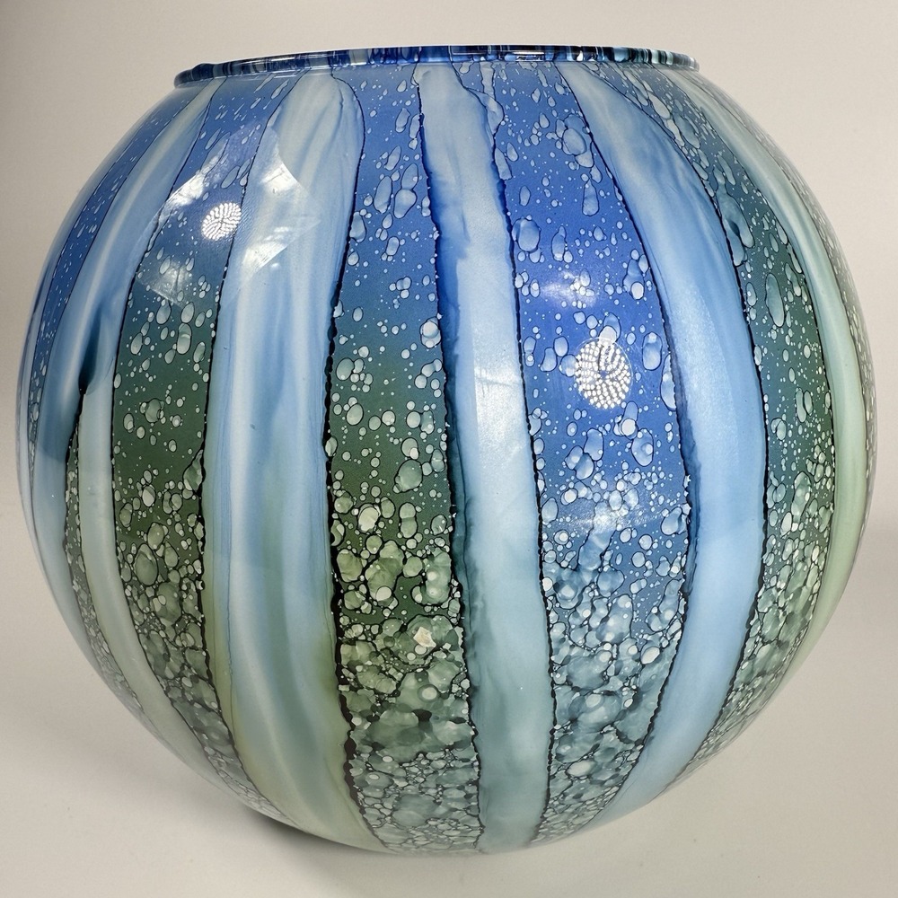 Vintage Art Glass, Hand Blown Rose Bowl Vase, Blue Green Watercolor‎ 7" - Picture 7 of 11